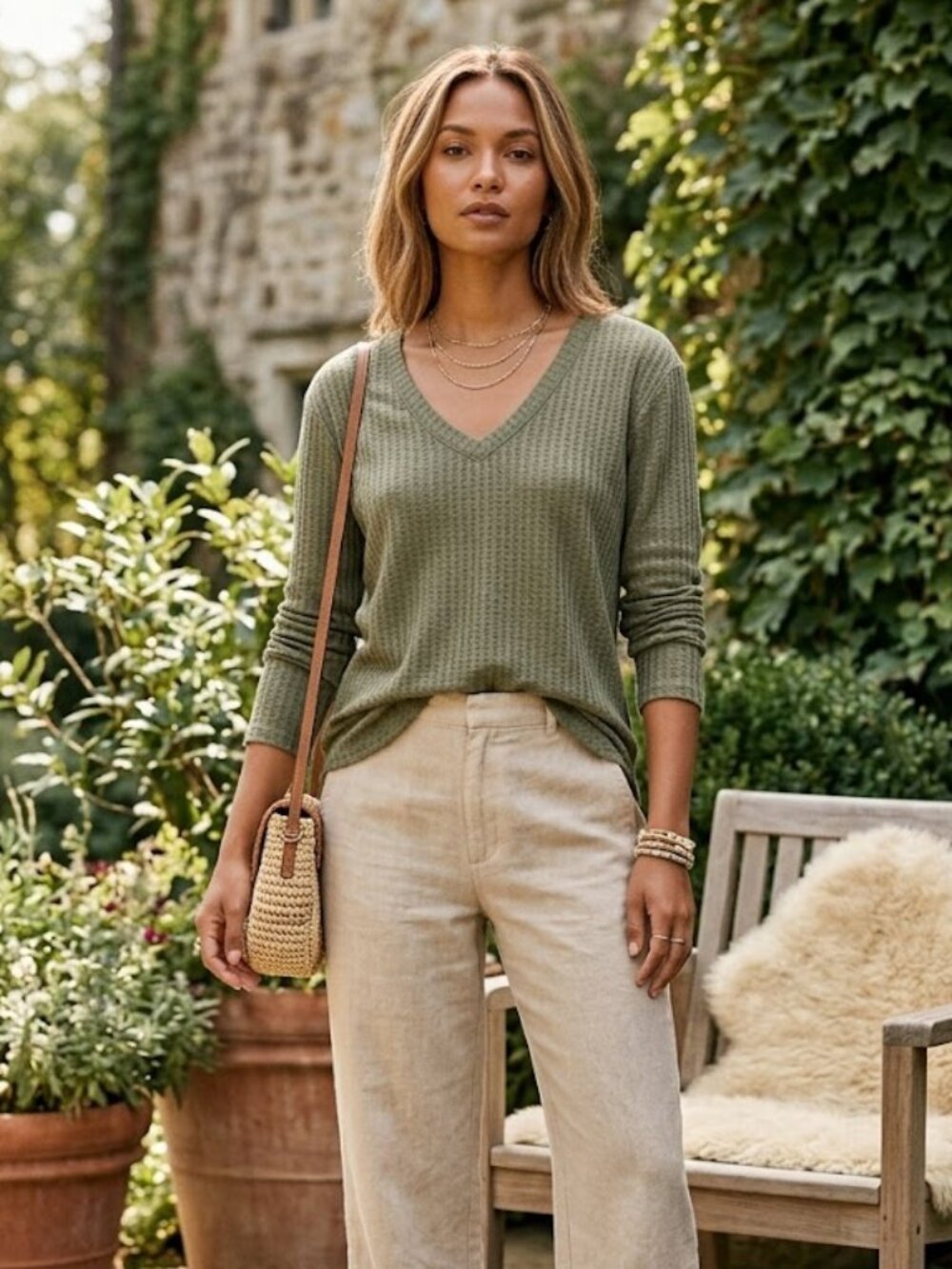 Chaser Size Small Green Waffle Knit V Neck Thermal Long Sleeve Top Boho Travel